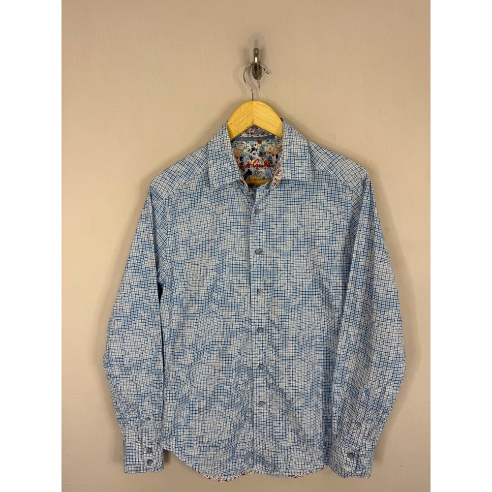 Robert Graham Mens XS Blue White Grid Floral Jacquard Classic Fit Button Down